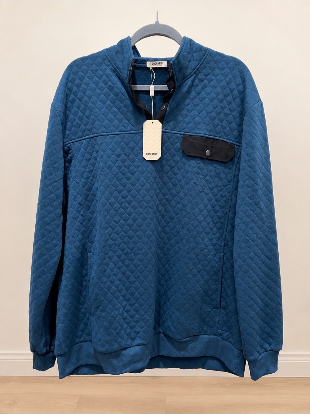 COOFANDY Men’s XXL Teal Blue Quilted Snap Neck Pullover Sweatshirt NWT